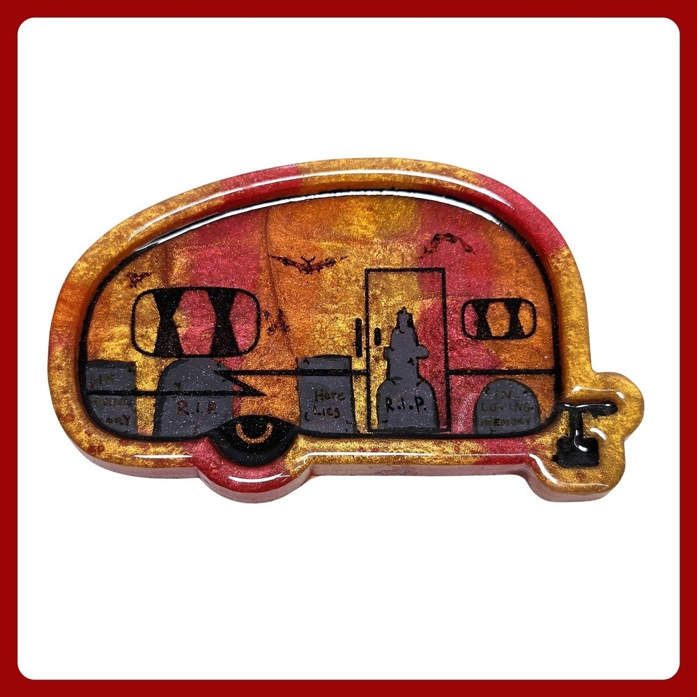 Halloween Resin Camper Trinket Tray Spooky Graveyard Decor Orange Dish Handmade